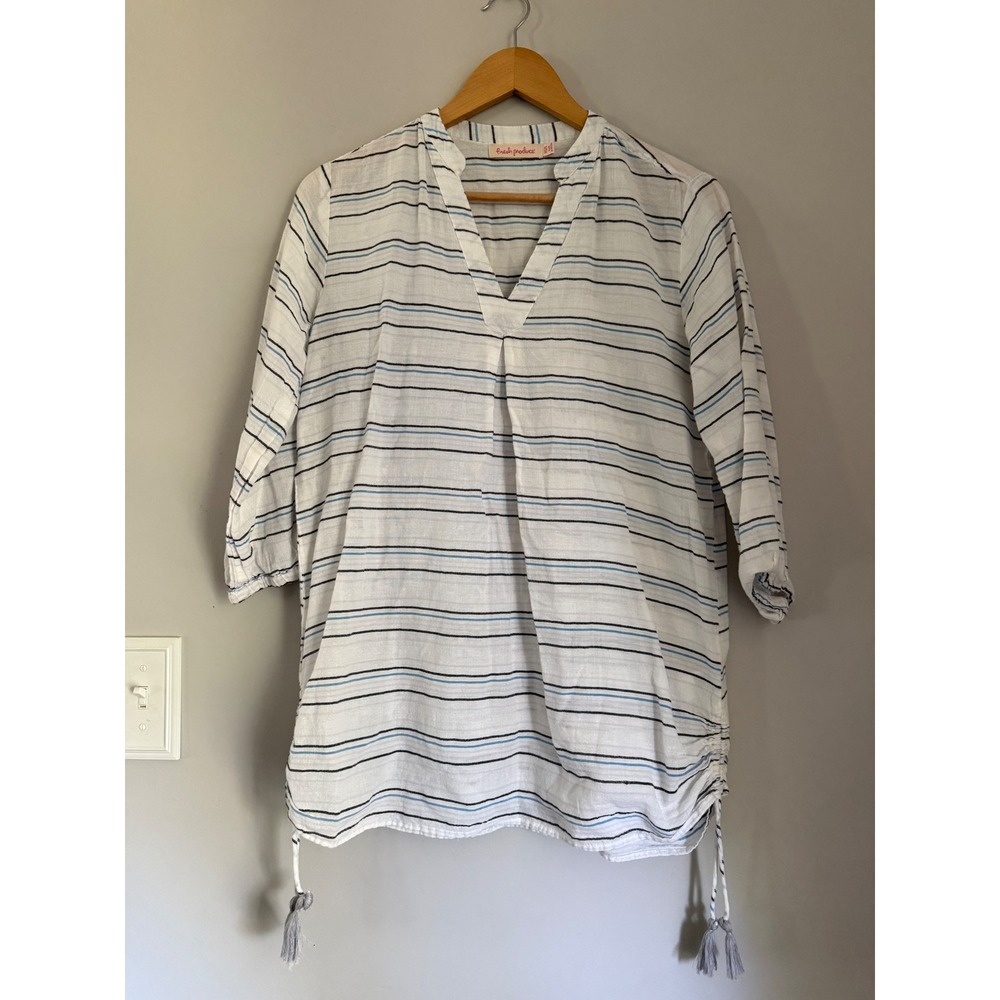 Fresh Produce Tunic XS/S White Blue Striped Boho Tassel Cotton Top cover up